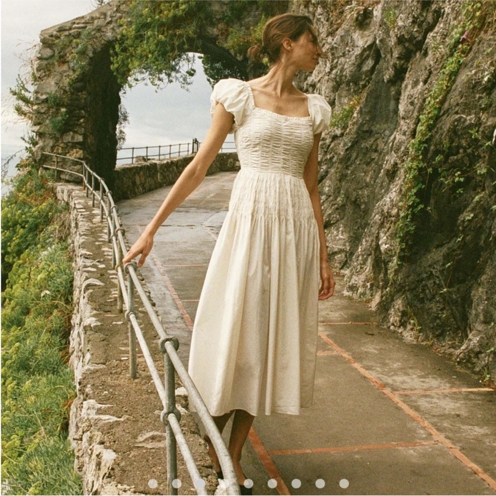 Doen Cream Smocked Square-Neck Midi Dress with Puff Sleeves